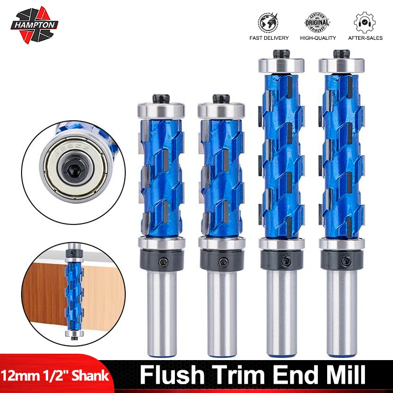 

12mm 1/2" Shank Flush Trim End Mill Solid Carbide Spiral Double Bearing CNC Router Bit for Wood Plywoods Hardwoods