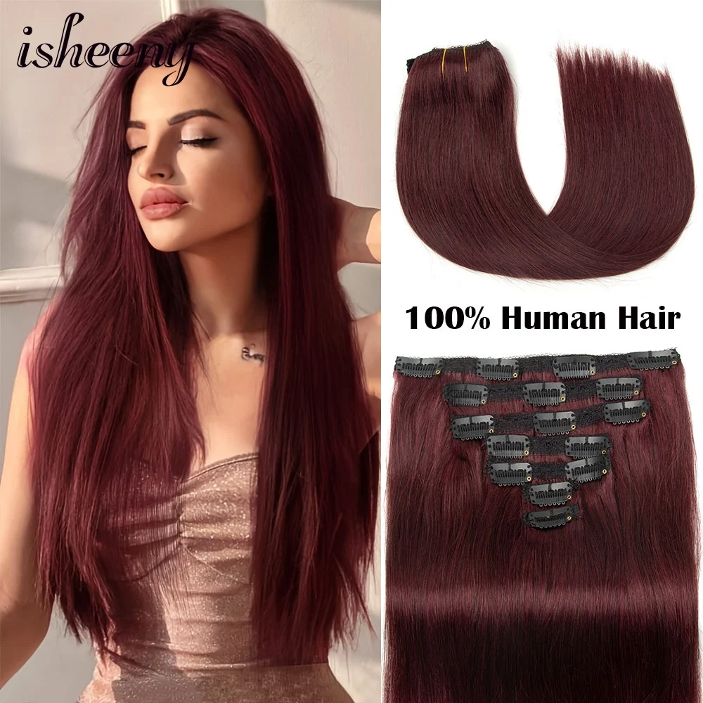 Burgundy Wine Red Clip In Hair Extensions Real Human Hair 12-24 Inch 7pcs/set Natural Clip ins 50g-140g isheeny Clip Hair