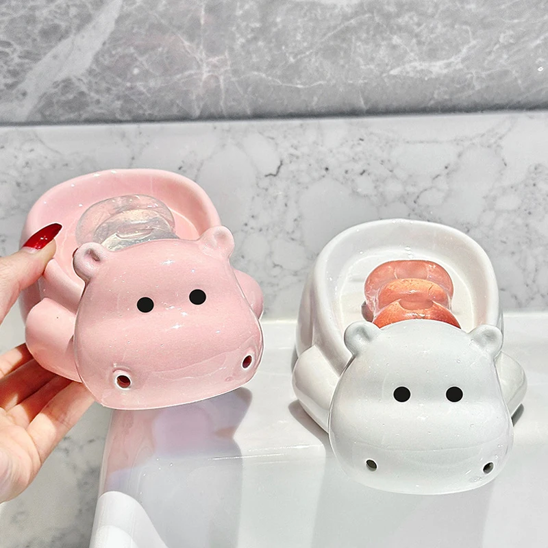 Portable Cute Hippo Soap Box Creative No Water Drain Soap Shelf Cartoon Free Punching Ceramic Soap Dish Home