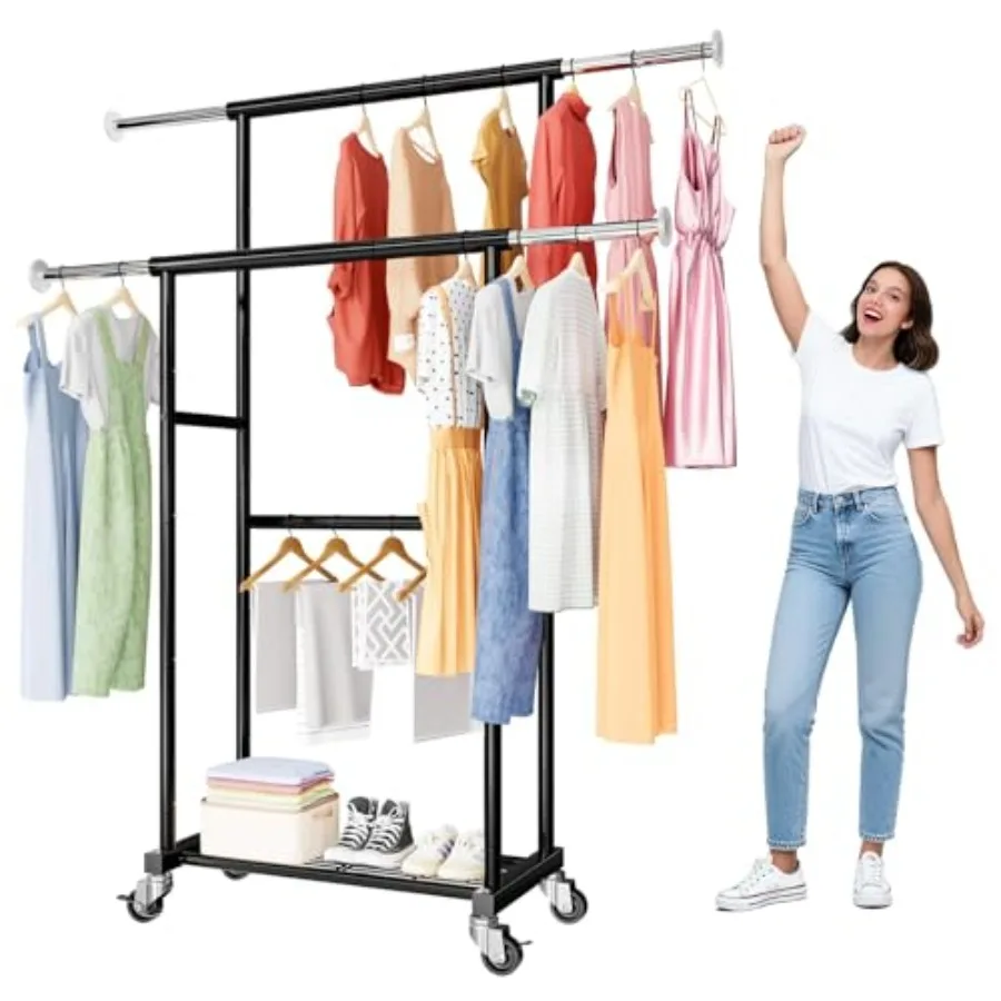 

Commercial 80" H Clothes Rack for Hanging Dresses, Extend 50"L Double Rolling Garment Rack on Lockable wheels with Adjustable R
