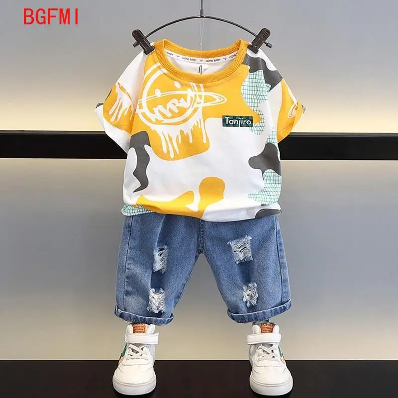 

Summer Korean Children's Clothes Boys Short Sleeved T-shirt + Denim Shorts 2-Piece Set Kids Letter Loungewear Baby Outfit Set