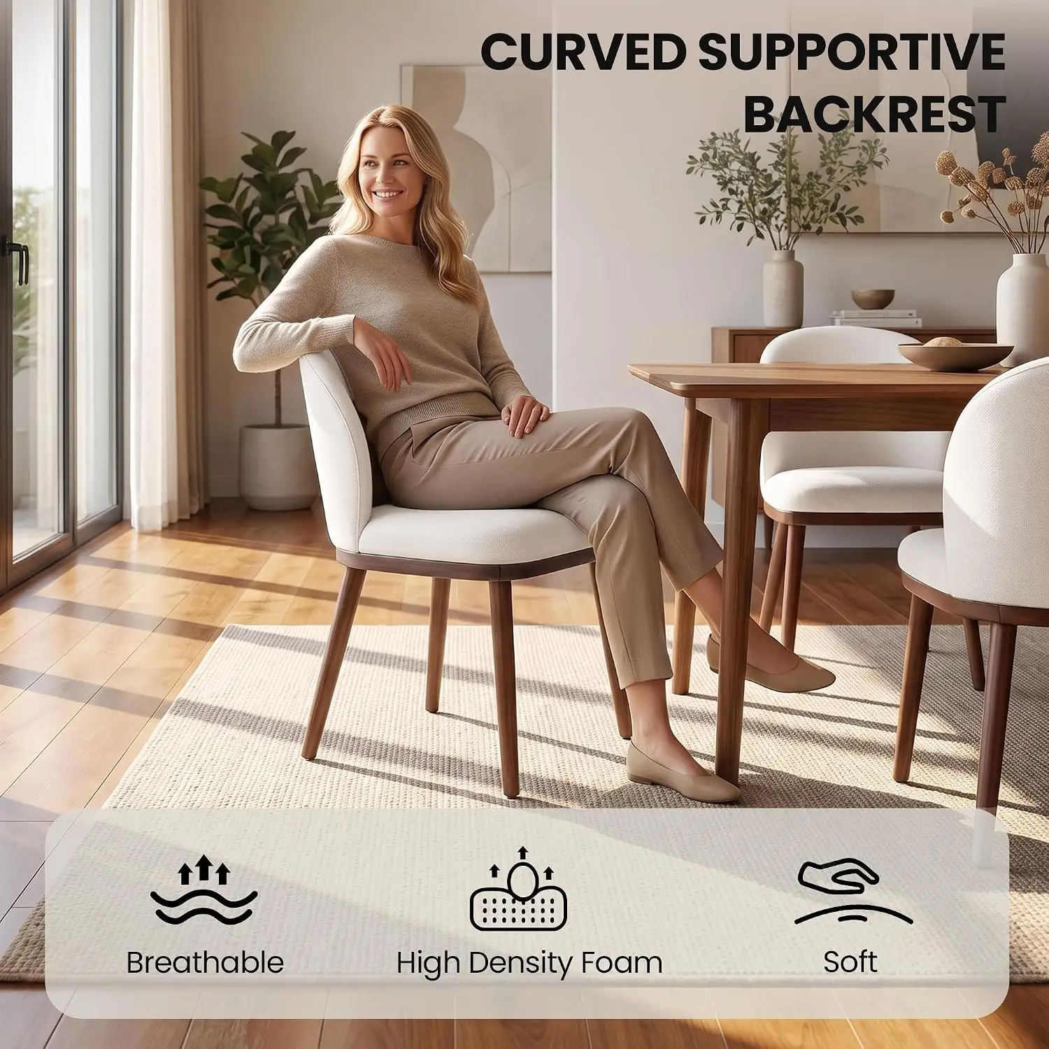 Mid-Century Modern Dining Chairs Set of 6, Upholstered Kitchen Chairs with Solid Wood Legs & Built-in Handle,, Customized view 3