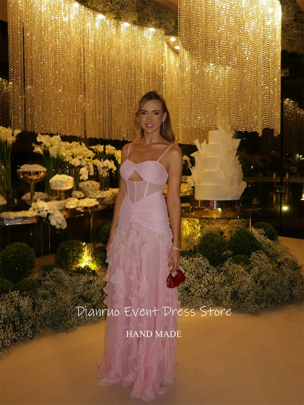 فساتين سهرة Dianruo بحزام سباغيتي الوهمية مكشكشة رداء De Soirée نسائي رشيق وردي فيستدوس دي فيستا مخصص