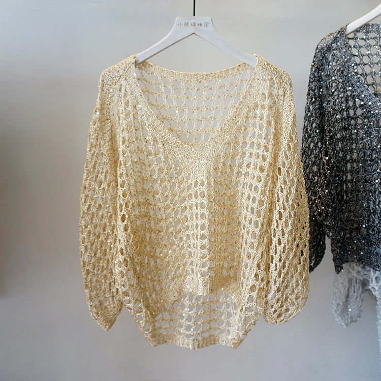 Sequin Hollow Out Loose Blouse Bright Silk Knitted Sweater Bats Sleeved V Collar Sunscreen Shirt Versatile Women 2024 Fashion