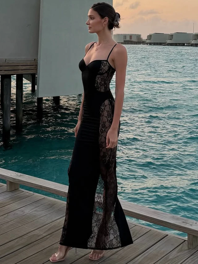 トレンドブラックレースシースルーロングドレス レディース 2025秋 セクシー ホローサイドスリット マキシドレス パーティー クラブ ボディコン エレガントドレス