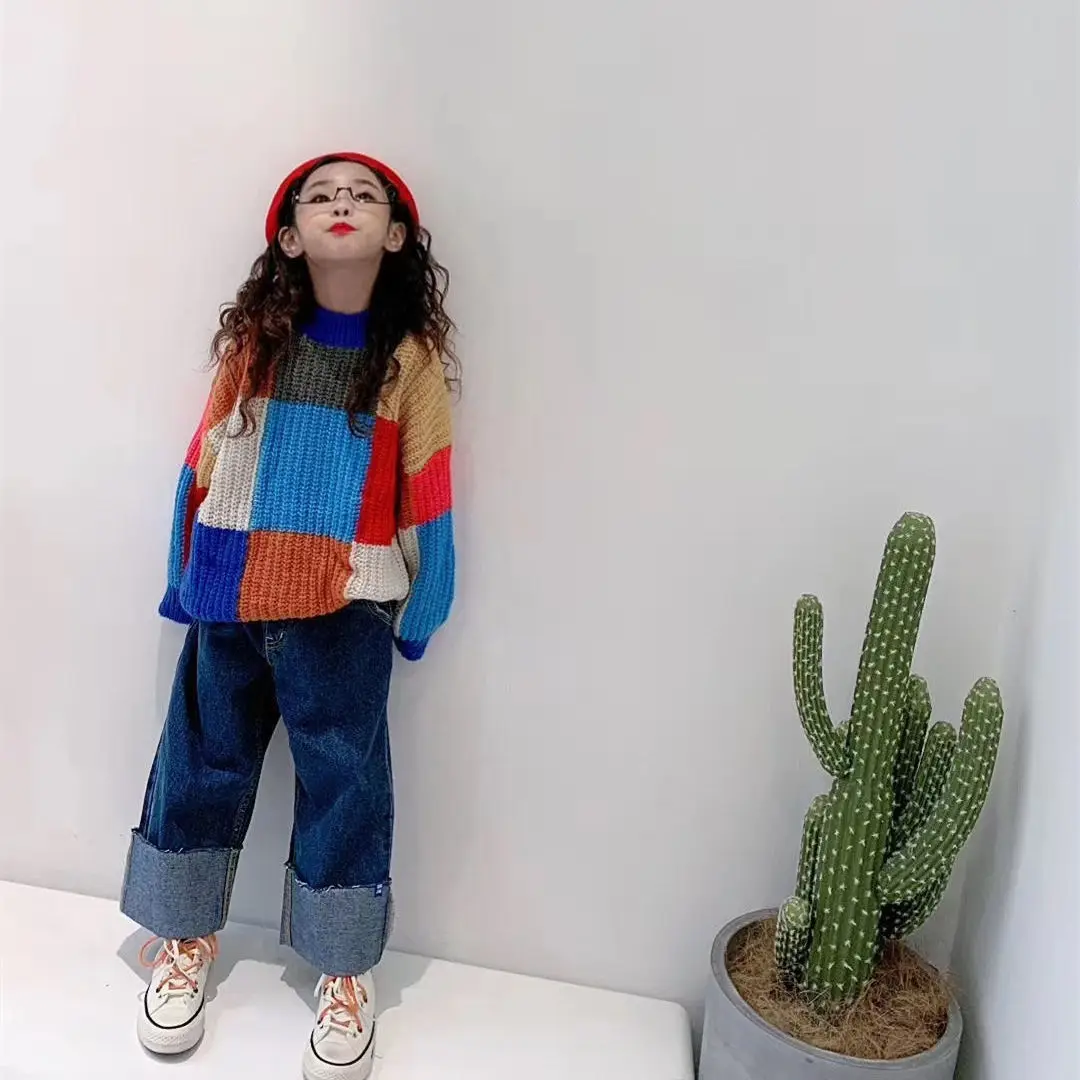 

Color Matching Mohair Sweater Girls' Two-Piece Dress Children's Clothing 2021 Autumn Children's Loose Knitted