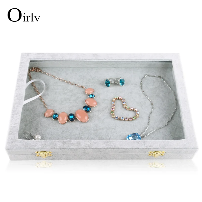 Oirlv Jewelry Box Velvet Gray Carrying Case with Glass Cover Jewelry Display Storage Box Jewelry Cases Velvet Grey Storage Case