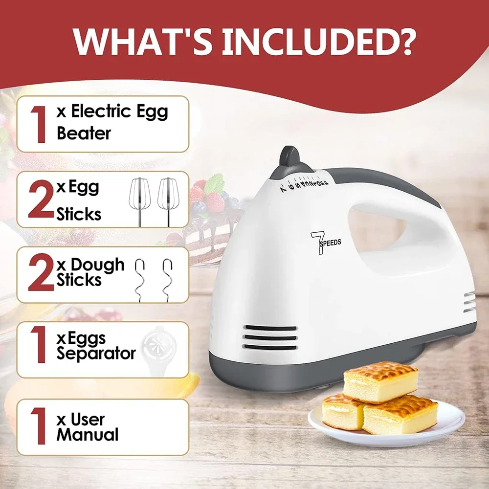 مضرب البيض الكهربائي المحمول، خلاط أوتوماتيكي منزلي، خافق البيض والأبيض والكريمي، خلاط عجين خبز كعكة الطعام الصغير 7 سرعات