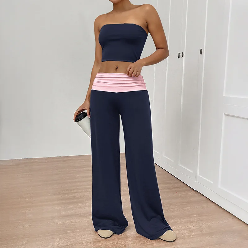 

Two Pieces Women Pant Sets Spliced Matching Sets Strapless Collar Sleeveless Top Empire Waist Pants Loose Fit Casual 2026 Summer
