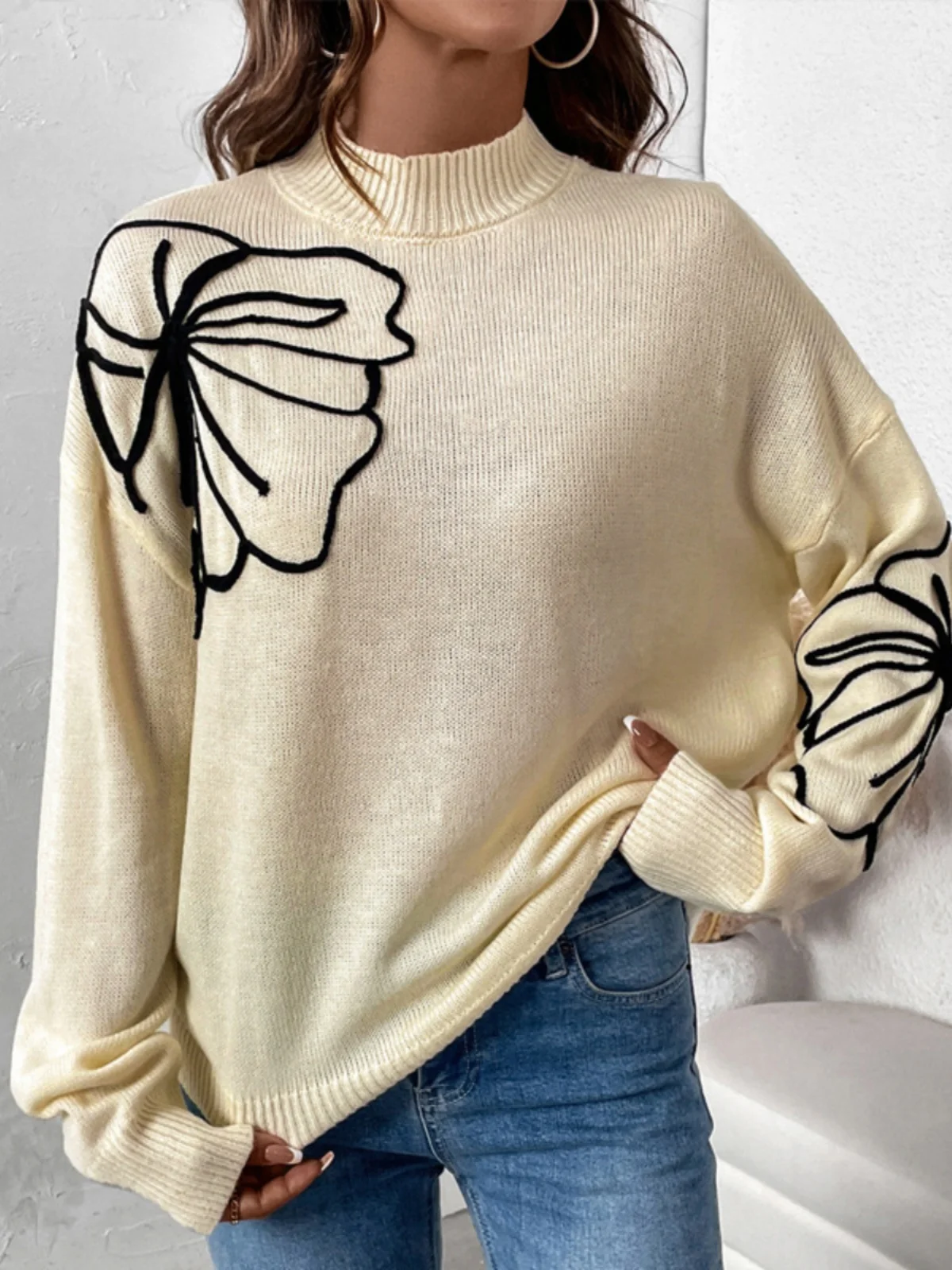

Faion Casual Loose Semi-Turtlene Flower Sweater Printed Knitwear Sweet Sle Long Sve round Ne Regular Fit Autumn Wear