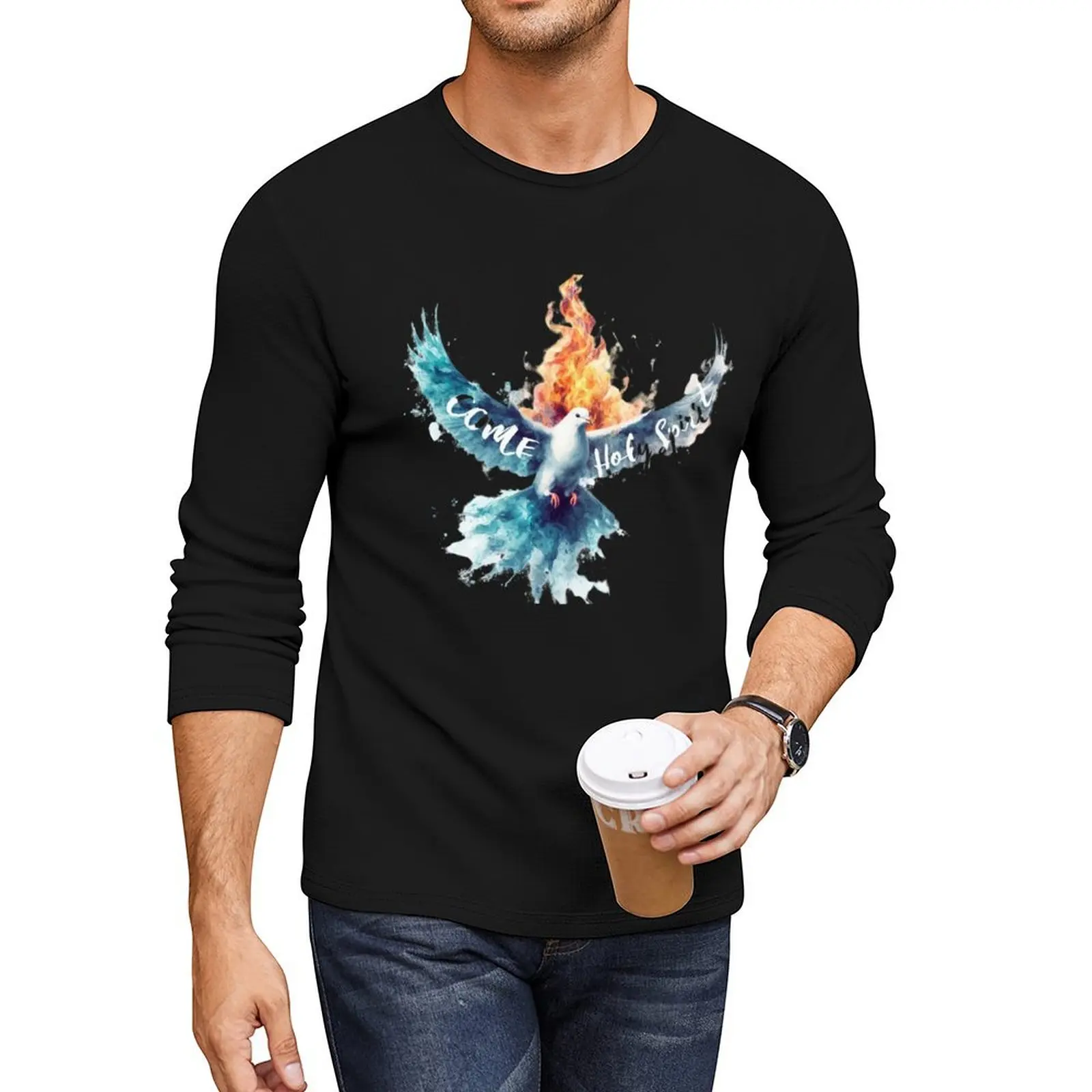 Come Holy Spirit, Dove, Fire and Water Art Long T-Shirt quick drying shirt Anime t-shirt oversized t shirts clothes for men