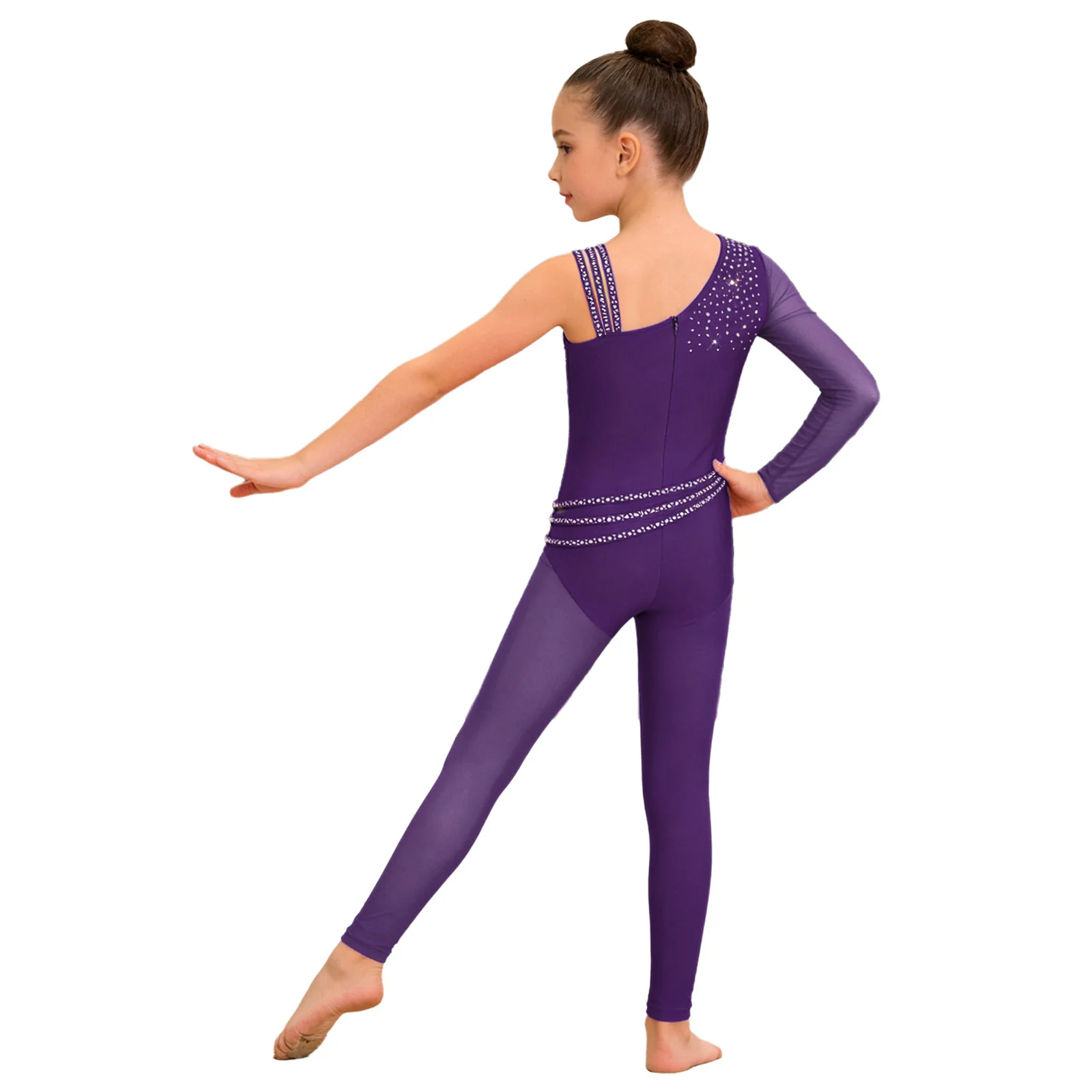 Kids Girls Asymmetrical Figure Skating Gymnastics Dance Jumpsuit Sparkly Rhinestone Mesh Bodysuit Acrobatic Ballet Dance Leotard
