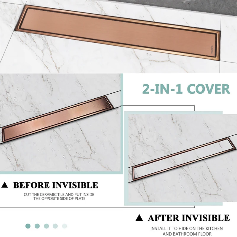 Bathroom Floor Drain Invisible Rose Gold Shower Drain Strainer Anti-odor Kitchen Accessories 60/80CM 304 Stainless Steel Square