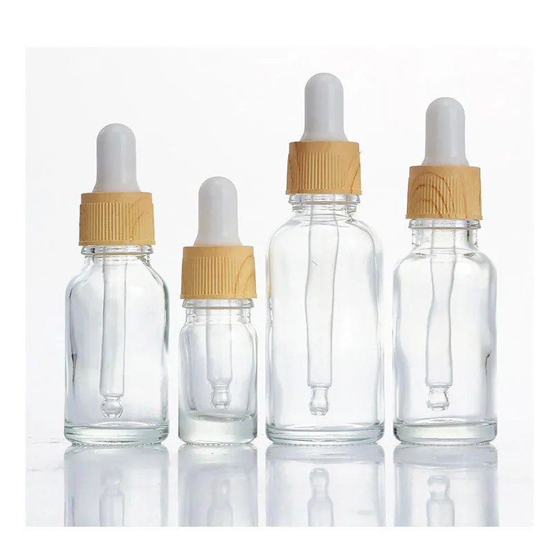 10PCS 5ml 10ml 15ml 30ml 50ml 100ml  Clear Glass Dropper Bottles wood grain lids  Refillable Pipette Clear  Essential Oil Bottle