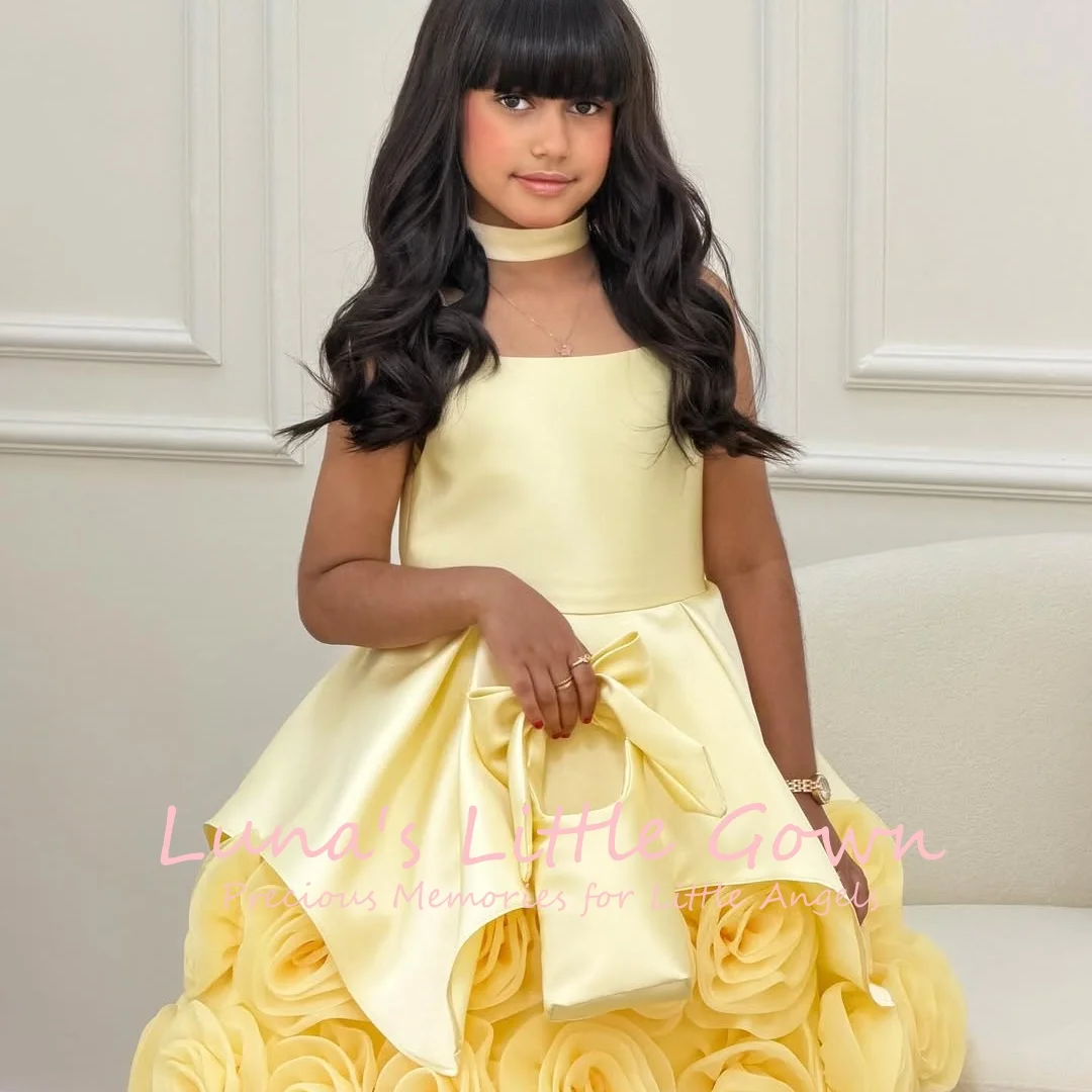 

Kids Formal Yellow Satin Party Gown Halter Design With Handmade Rose Skirt For Wedding Birthday Pageant Photoshoot Customized