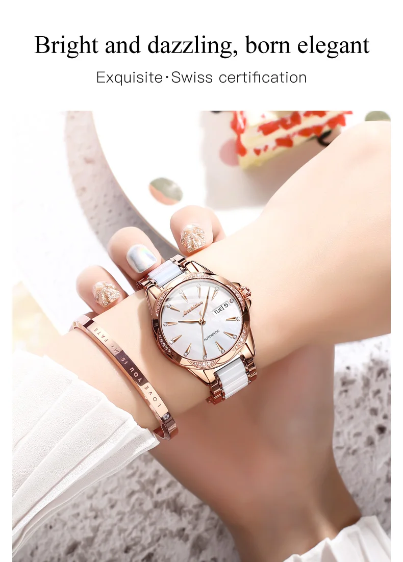 JINSHIDUN 8821 Automatikuhren für Damen, elegante Luxus-Keramik-Stahlarmbanduhr mit Doppelkalender, wasserdichte mechanische Damenuhren – Detail 5