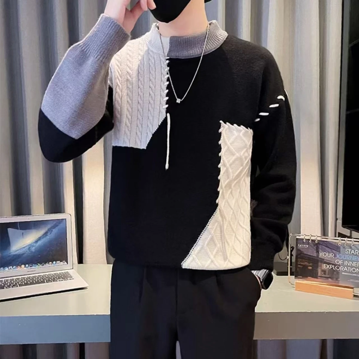 

Мужской вязаный свитер на подкладке Fce, осень-зима, молодежный студенческий базовый слой, корейский модный брендовый пуловер