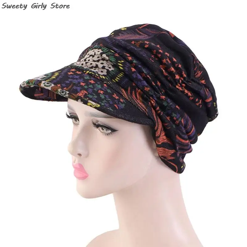 Ethnic Style Earflap Hat Women Floral Pleated Visors Caps Windproof Warm Turban Hats Comfortable Beret Cap Foldable Headwear