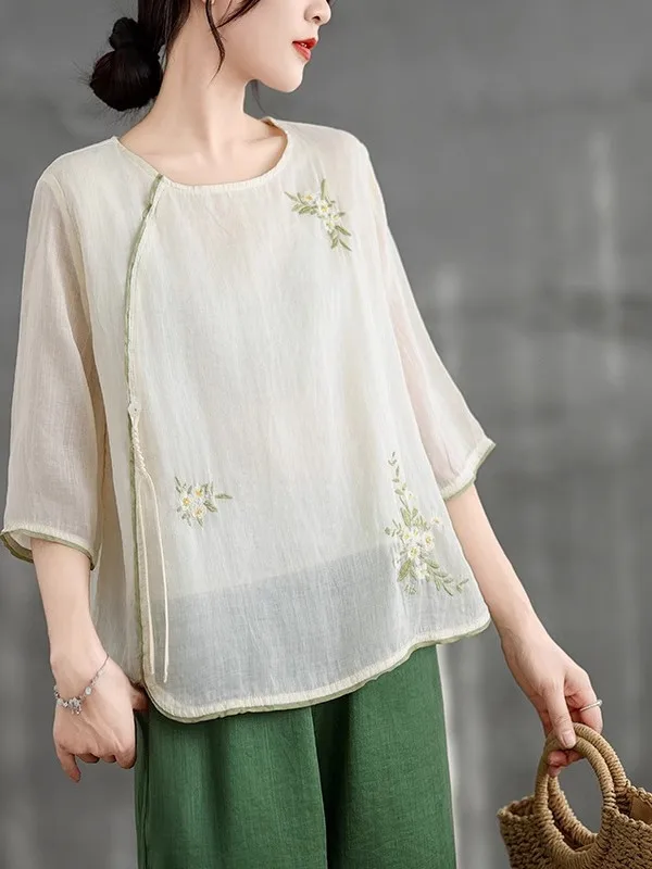 

New Chinese Style Women's Embroidered Linen Shirt Summer Hanfu Retro Button Personality Small Top round Neck Short Sleeve