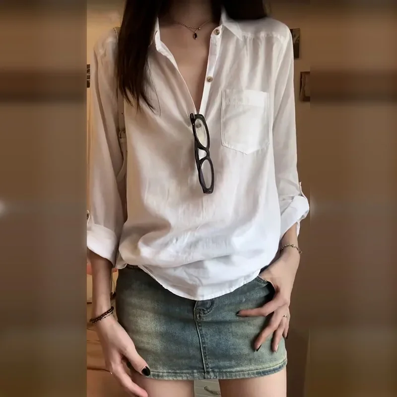 Camisa fina branca francesa de manga comprida feminina com top de temperamento sofisticado