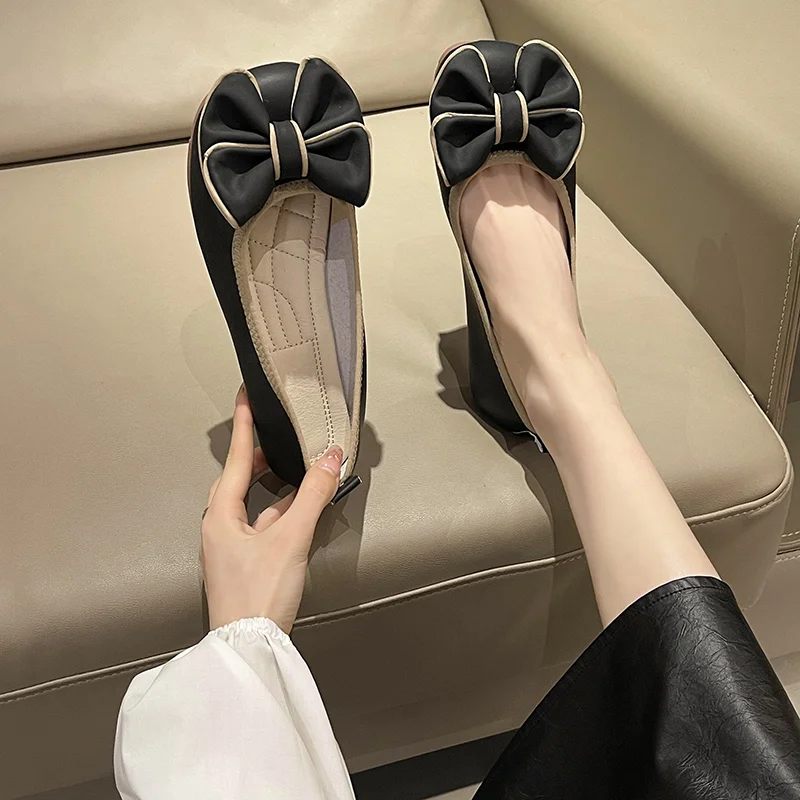 2023. baletki damskie Bowknot Decor skórzane mokasyny na obcasie okrągłe Toe Slip-on wiosna jesień moda Casual buty damskie