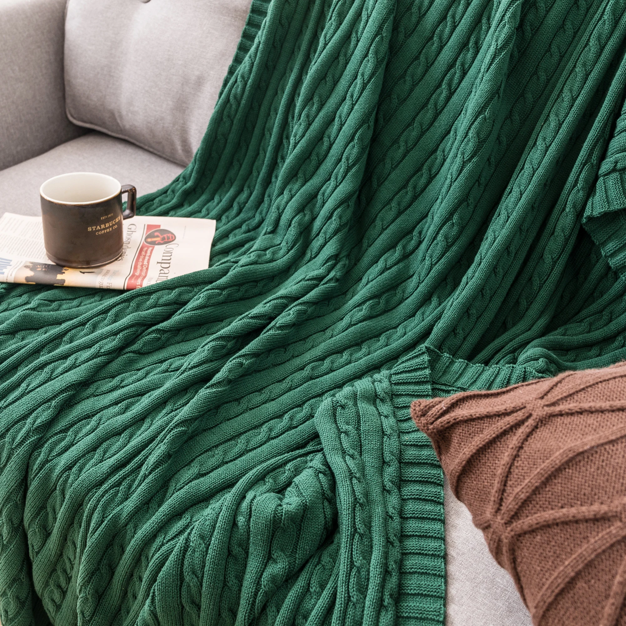 Battilo Cotton Knitted Throw Blanket Soft Cozy Cable Knit Sofa Throws Large Heavyweight Decorative Blanket for Twin Queen Bed