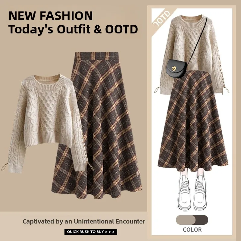 Autumn Faion Doll Collar Knitted Sweater Coat And Plaid  Skirt Two-Piece Women's Clothing Set High Waist Design Long Sl...