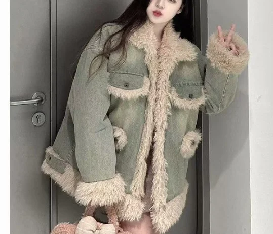 Damska zimowa kurtka dżinsowa z dodatkowymi elementami, ocieplana bawełną, w stylu retro, modna, luźna, uniwersalna, odmładzająca, z długim rękawem.