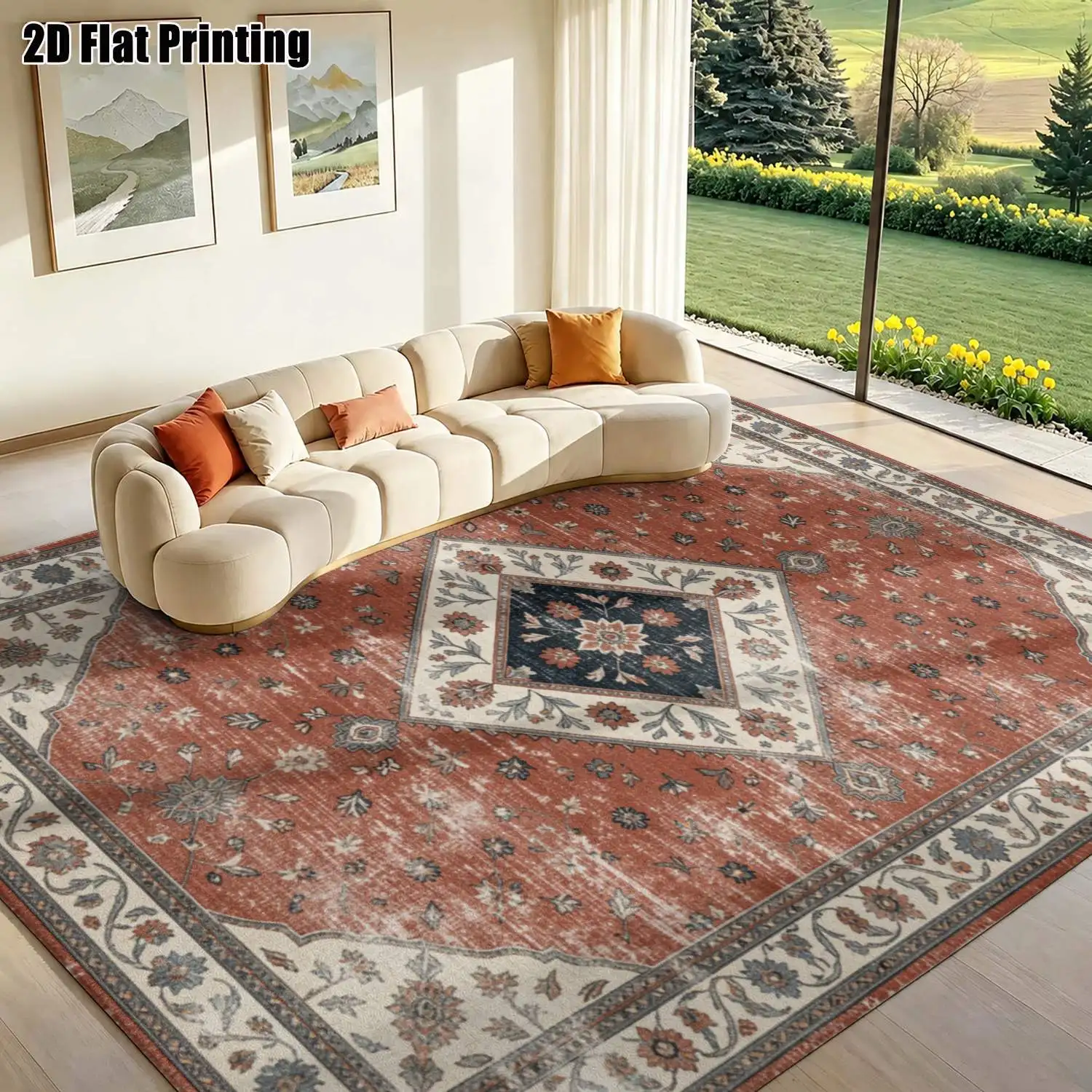 1Pc 2D Printed Carpet: Pink & Yellow Retro Floral, European/Bohemian Designs, Home Decor, Multi-Size, Machine Washable, Multi-Scene Use