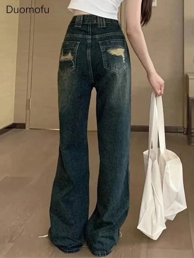 Duomofu Lente Chicly Gescheurde Zak Vintage Flash Vrouwelijke Jeans Klassiek Hoge Taille Mode Full Length Losse Straight Vrouwen Jeans