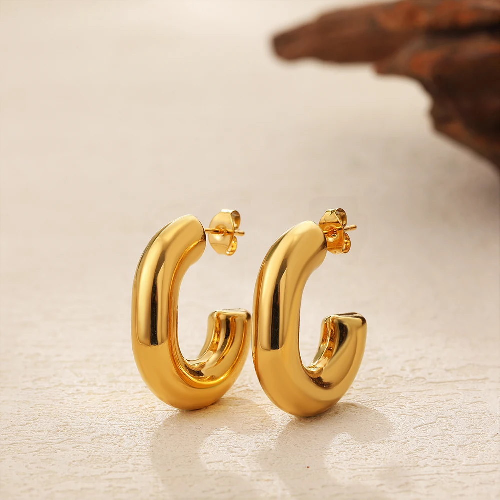 Smooth Gold Plated Stainless Steel Chunky Hoop Earrings for Women Simple C Shape Thick Hoops Female Punk Jewelry Party Gifts