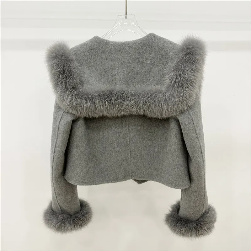 Autumn Winter Real Fur Coat Jacket Women Natural Fox Fur Collar Cuffs Short Cashmere Wool Woolen Ladies Outerwear Female Coat