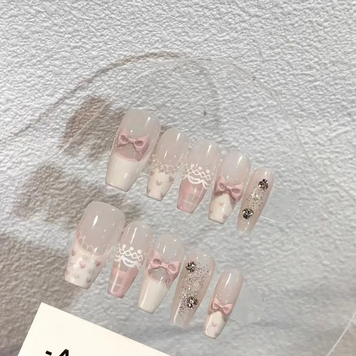 10 Stuks Roze Handgemaakte Pers Op Nagels Strass Full Cover Strik Cat Eye Blush Valse Nagels Ballerina Draagbare Manicure Nagel Tips