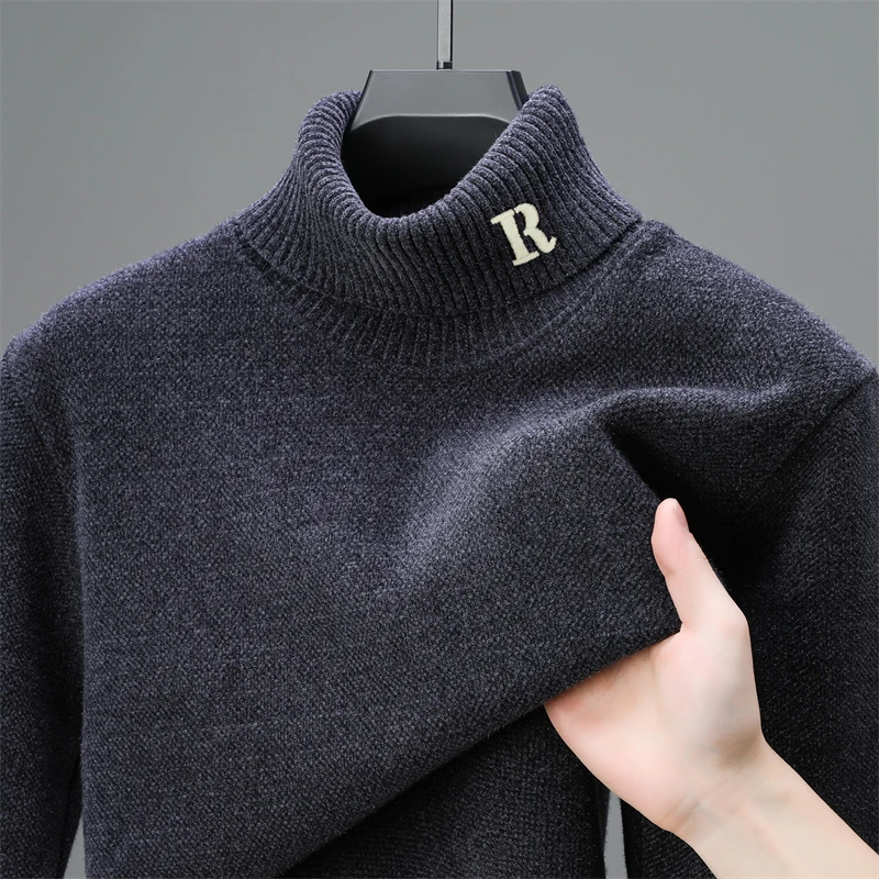high-end luxury brand High neck sweater men\'s fashion R letter embroidered casual Korean winter new plush warm knit pullover