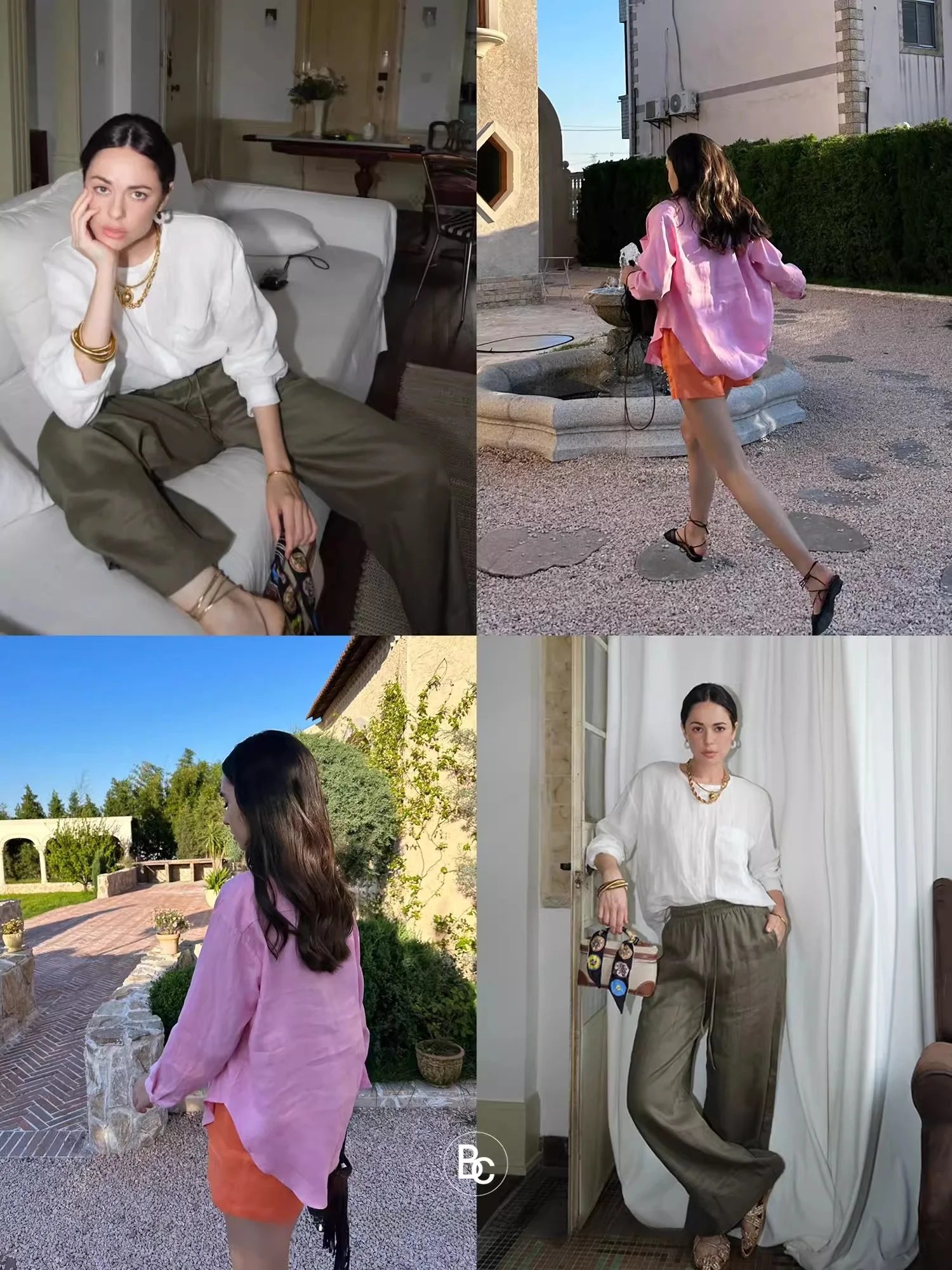 

Betchow Linen round Ne irt Skin-friendly Long Sve Commute Top Pink White Simple Versatile Women's Busin irt