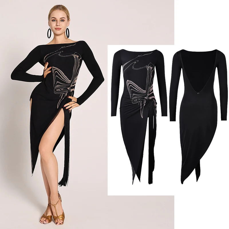 Robe de concours de danse latine pour femmes, manches longues, fente noire, vêtements de danse Sexy, Rumba Tango, nouvelle collection 2025 L17224