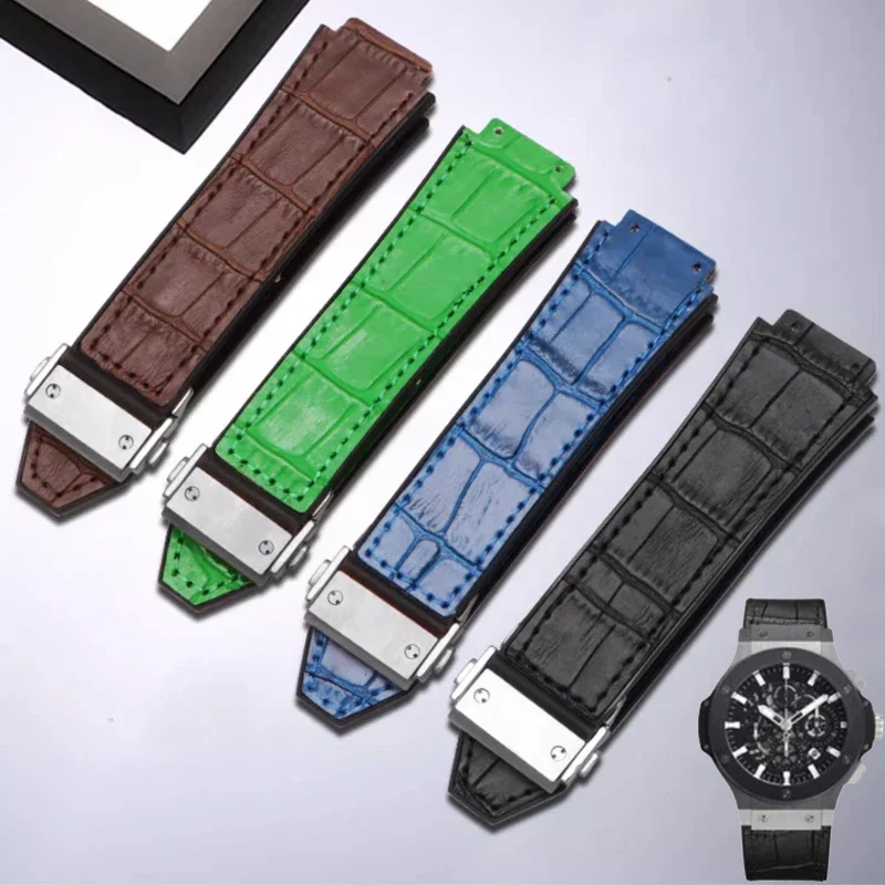 Correa de cuero genuino para reloj HUBLOT BIG BANG, resistente al agua, negro, verde, azul, marrón, pulsera de goma, 25mm x 19mm