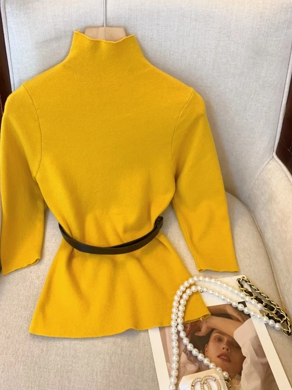 Slim Fit haute Ne tricot pull Base irt femmes automne hiver ceinturé sept Sve à capuche couleur doux Sle chinois fait