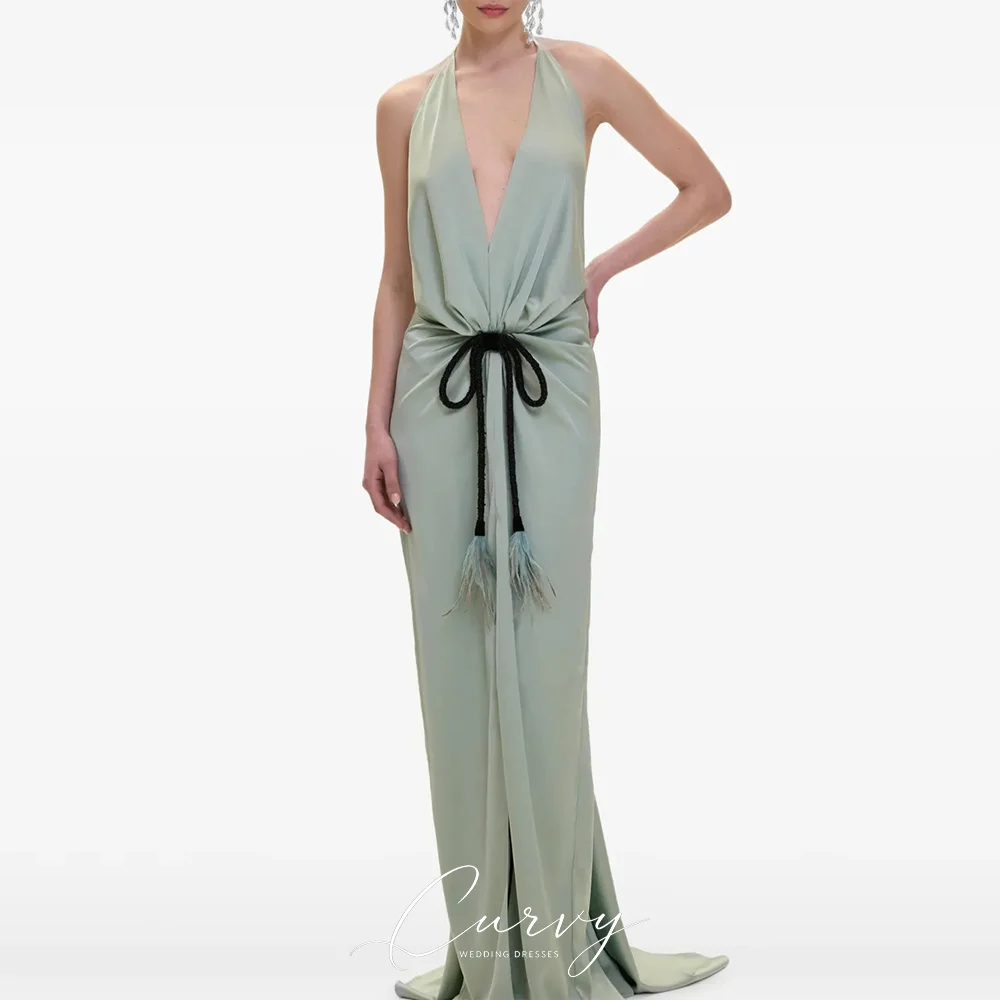 Curvy Fresh Delicate Sage Green Sheath Halter Evening Dresses for Women Vestido Corto Satin Formal Gown Open Back Customized