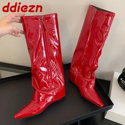 Scarpe rosse con zeppa scarpe da donna stivali moderni al ginocchio stivali lunghi da donna con punta a punta di moda di design femminile con scarpe con cerniera