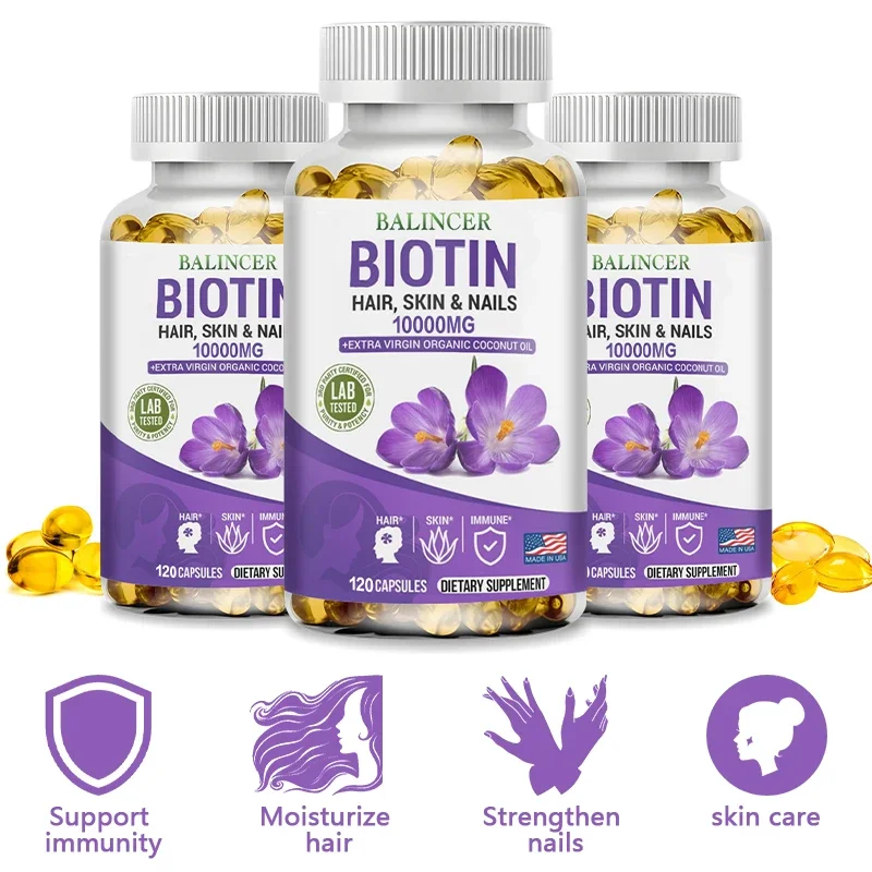 Balincer Biotin Softgels 10000 Mcg, Organic Coconut Oil - Strengthens Hair, Skin, Nails, Supports Immune System Health