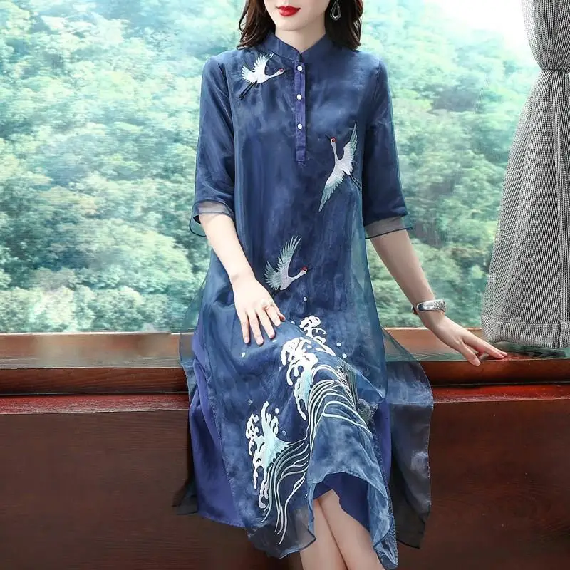 

Chinese traditional chiffon cheongsam vestidso vintage embroidery evening party dress oriental loose half sleeve qiapo dress