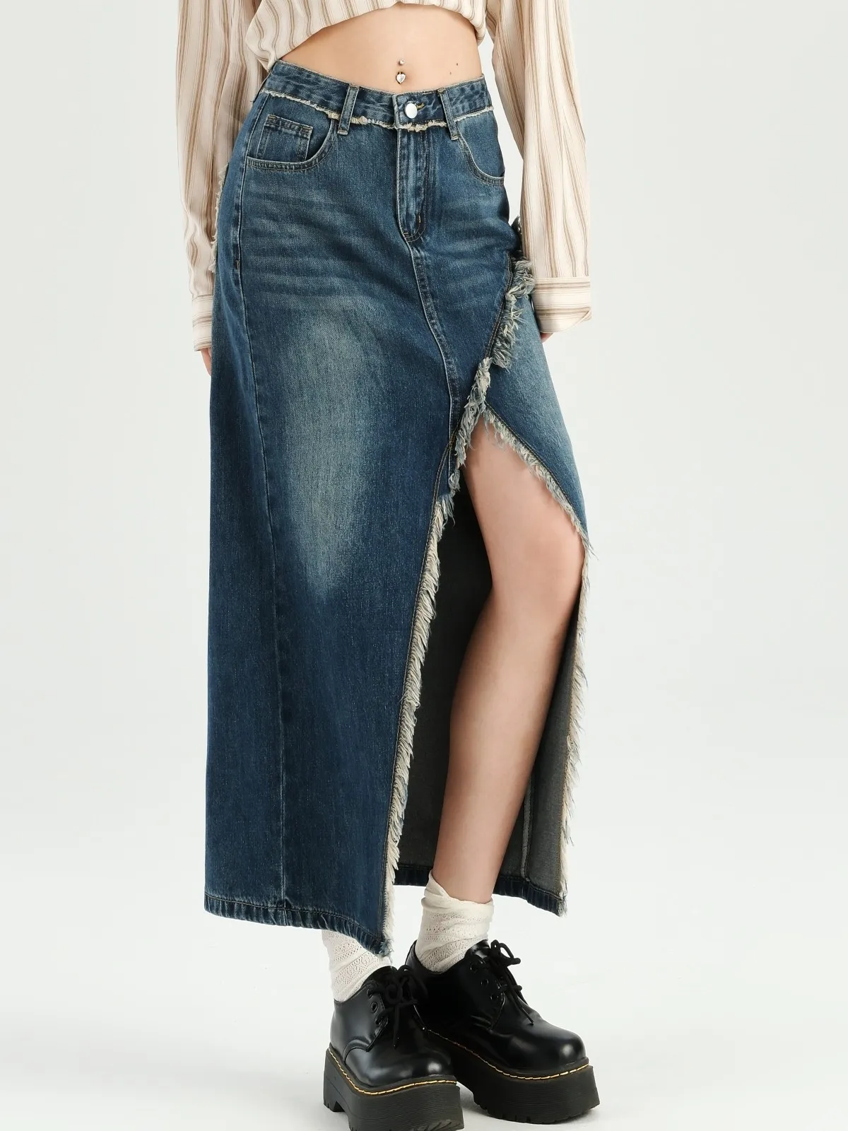 

ZHISILAO Irregular Long A-line Denim Skirt Women Vintage Denim Skirt Autumn 2024