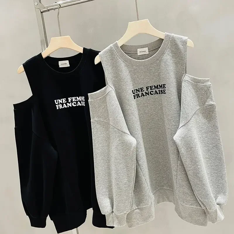

2025 Autumn New Niche Round Neck Off Shoulder Pullover Sweatshirt Letter Printing Loose Trend Streetwear Women Y2k Aesthetic Top