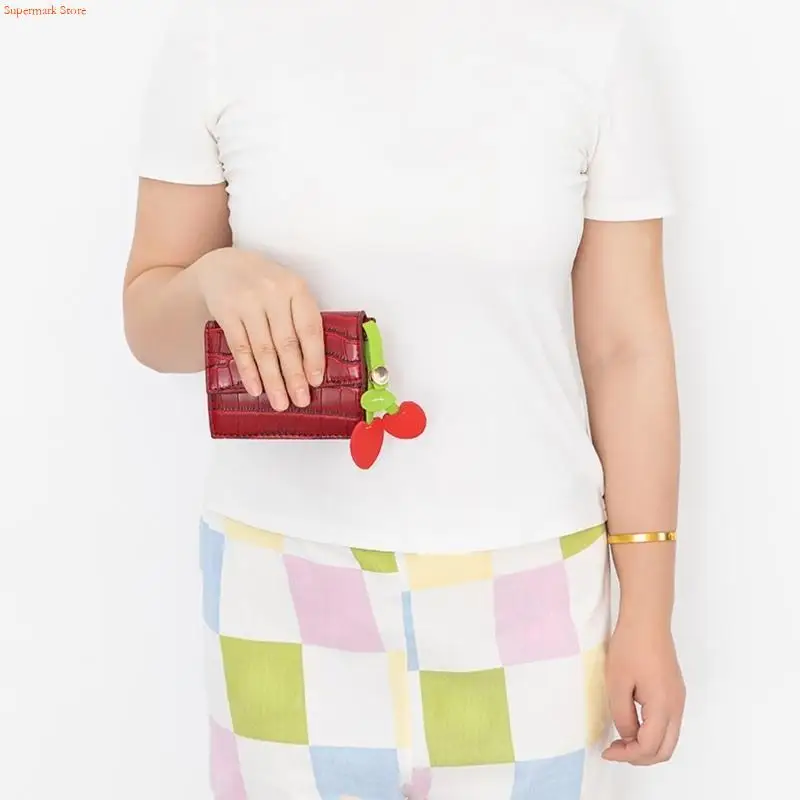 

Q5WE Colorful Fruit Inspired Holder Heart Charm PU Leather Keychain Practical Bag Accessory for School Office Travel