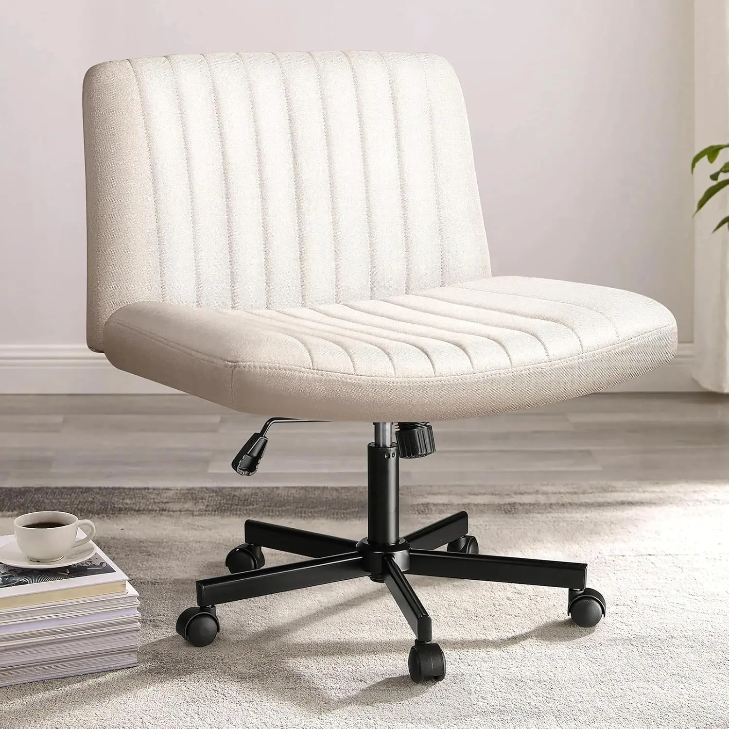 

Wheeled, home office fabric padded armless cross legged desk and chair with adjustable height and wide seat (beige)