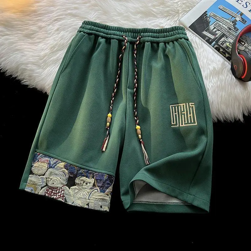 

Bear Patchwork Shorts Men's Summer New Chinese Embroidery Trendy Loose Large Size Teenage Five Casual Sports Pants