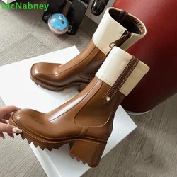 Chunky Heel 2024 New Side Zipper Winter Boots For Female Women Square Toe Ankle High Handmade Luxury Designer Mixed Colors Shoes