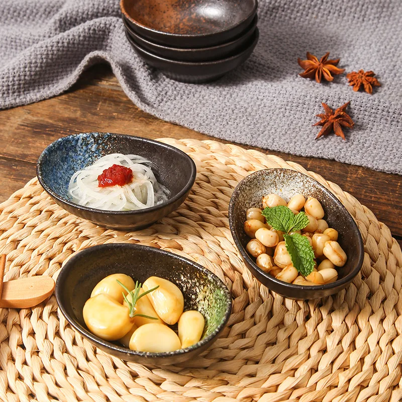 1 Piece Vintage Oval Seasoning Dish Yuanbao Soy Sauce Vinegar Cooking Side Dish Snack Flavor Dish Creative Ceramic Small Bowl