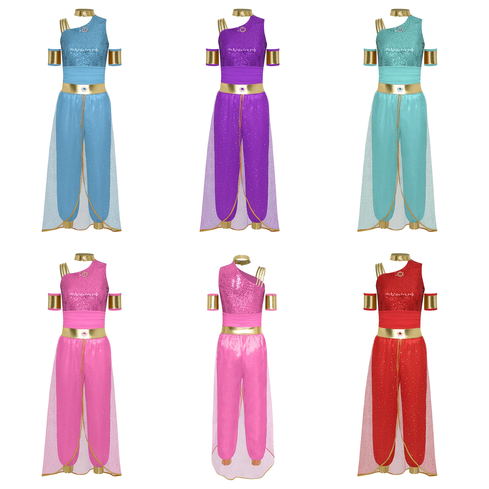 أزياء المرأة العربية الأميرة الرقص الشرقي زي جوهرة ديكور لامعة تول بذلة مع الأكمام لحفلة الهالوين